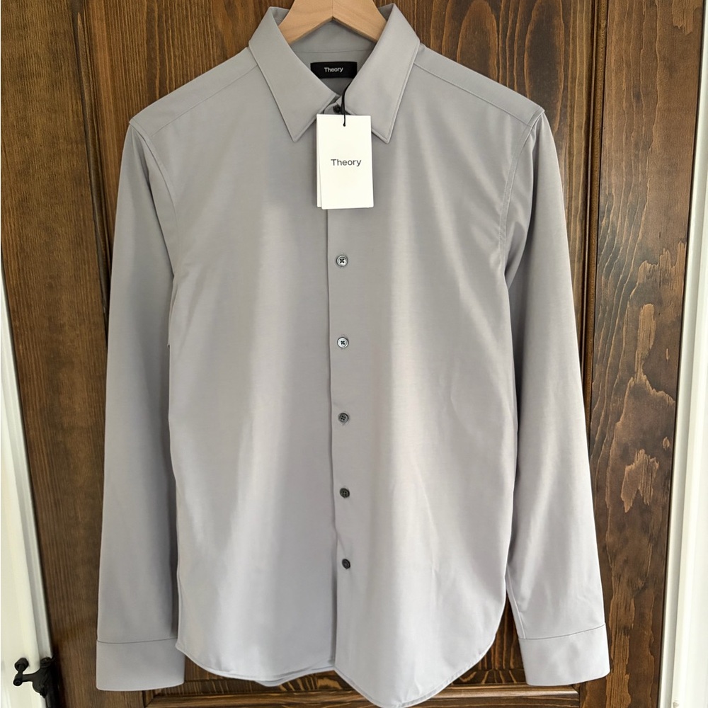 NWT Theory Men's Sylvain Sleet Blue Casual Button Down Shirt in Structured Knit